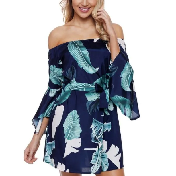 3/4 Bell Sleeve Print Off Shoulder Bowknot Floral Dresses