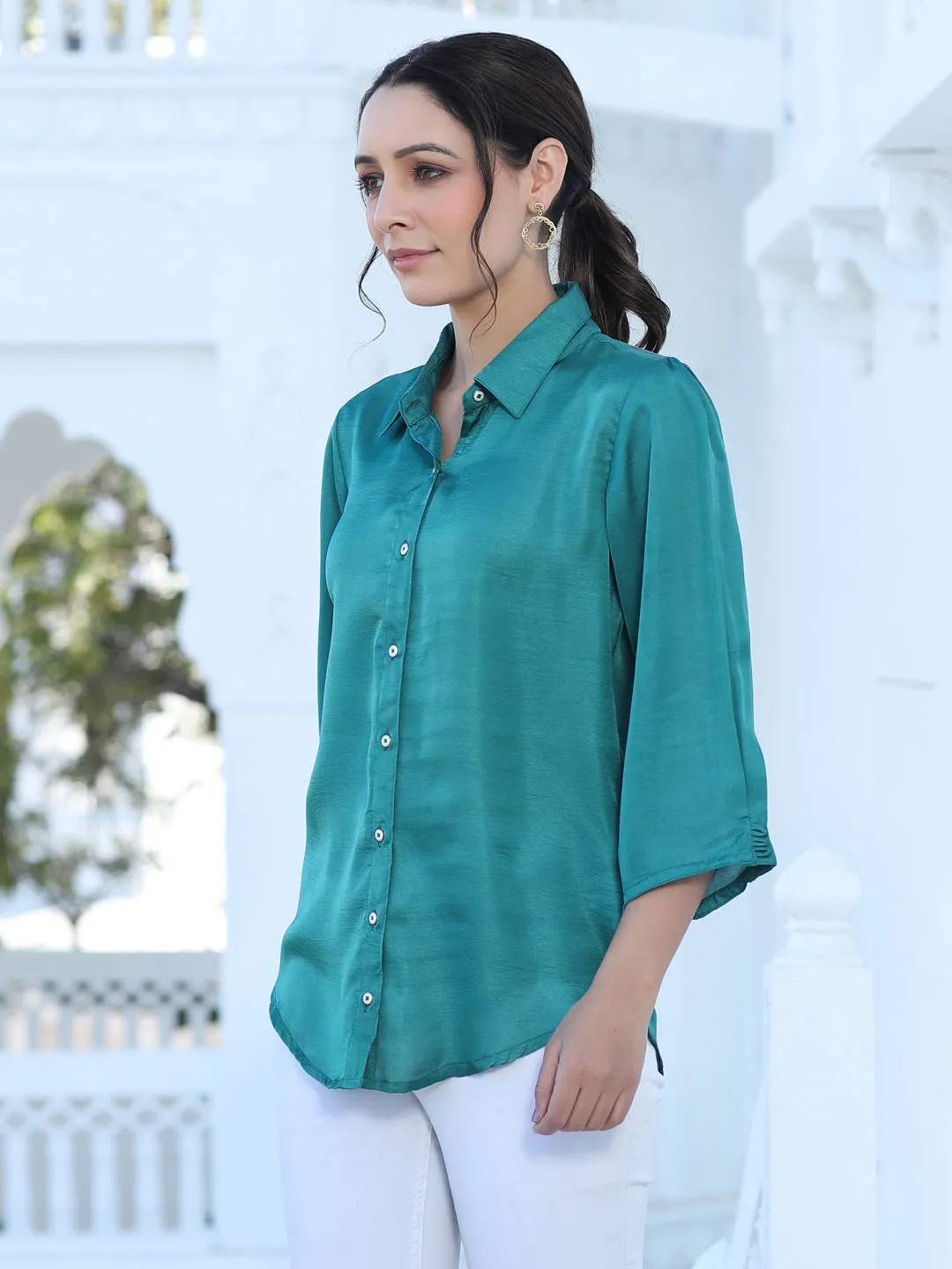 A Green Color Silk Blend Solid Shirt With Puffed Sleeves And Front Opening