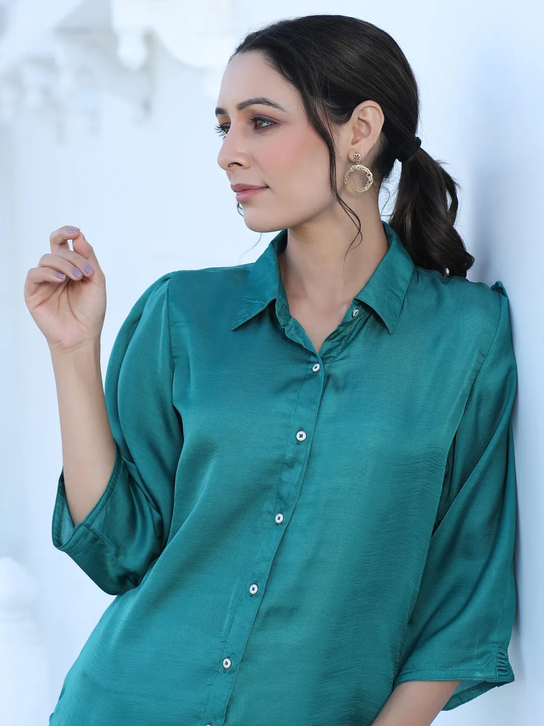 A Green Color Silk Blend Solid Shirt With Puffed Sleeves And Front Opening