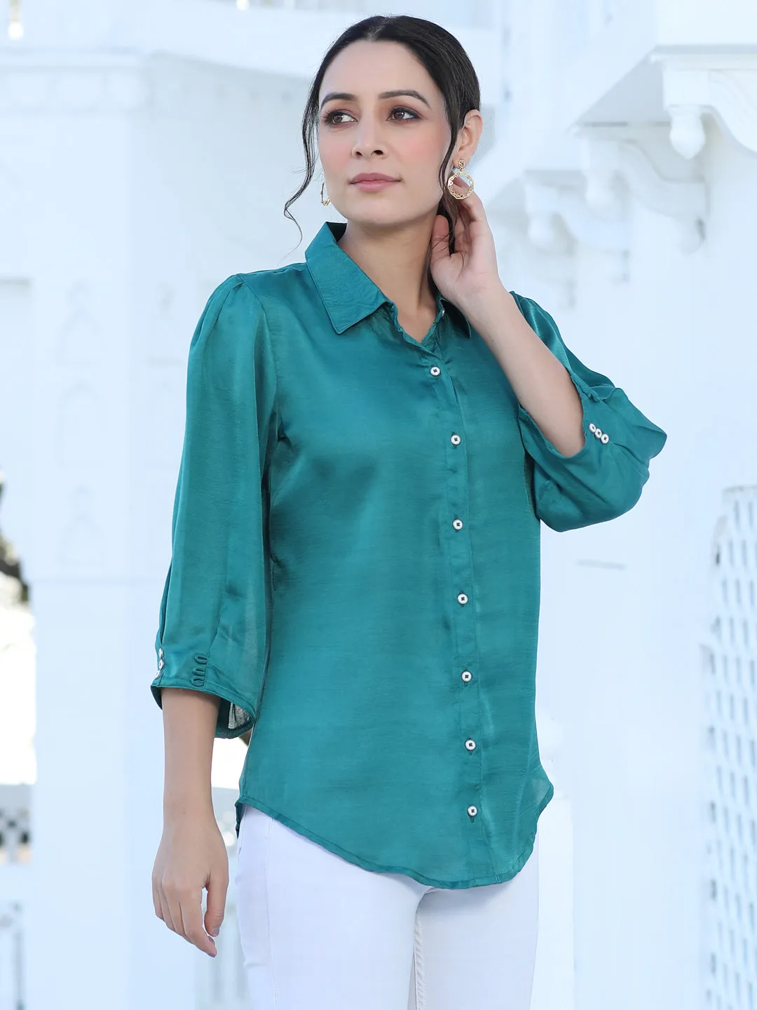 A Green Color Silk Blend Solid Shirt With Puffed Sleeves And Front Opening