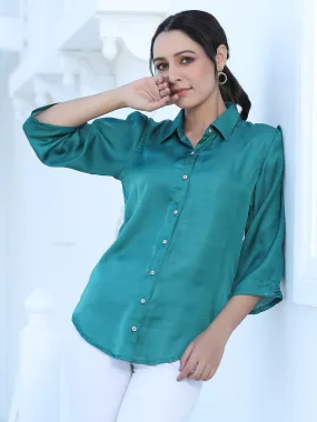 A Green Color Silk Blend Solid Shirt With Puffed Sleeves And Front Opening