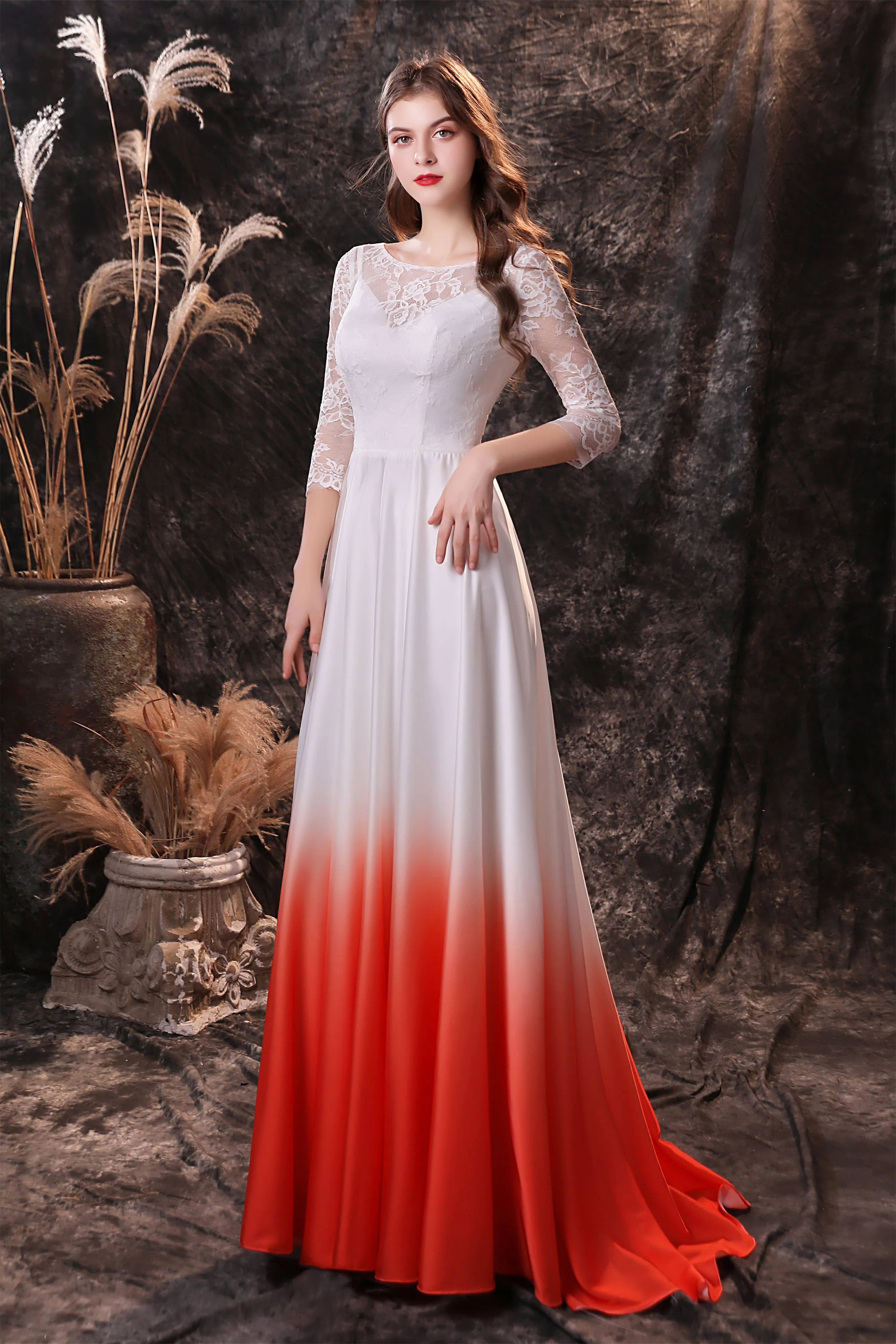 A Line 3/4 Sleeve Ombre Silk Like Satin Sweep Train Prom Dresses