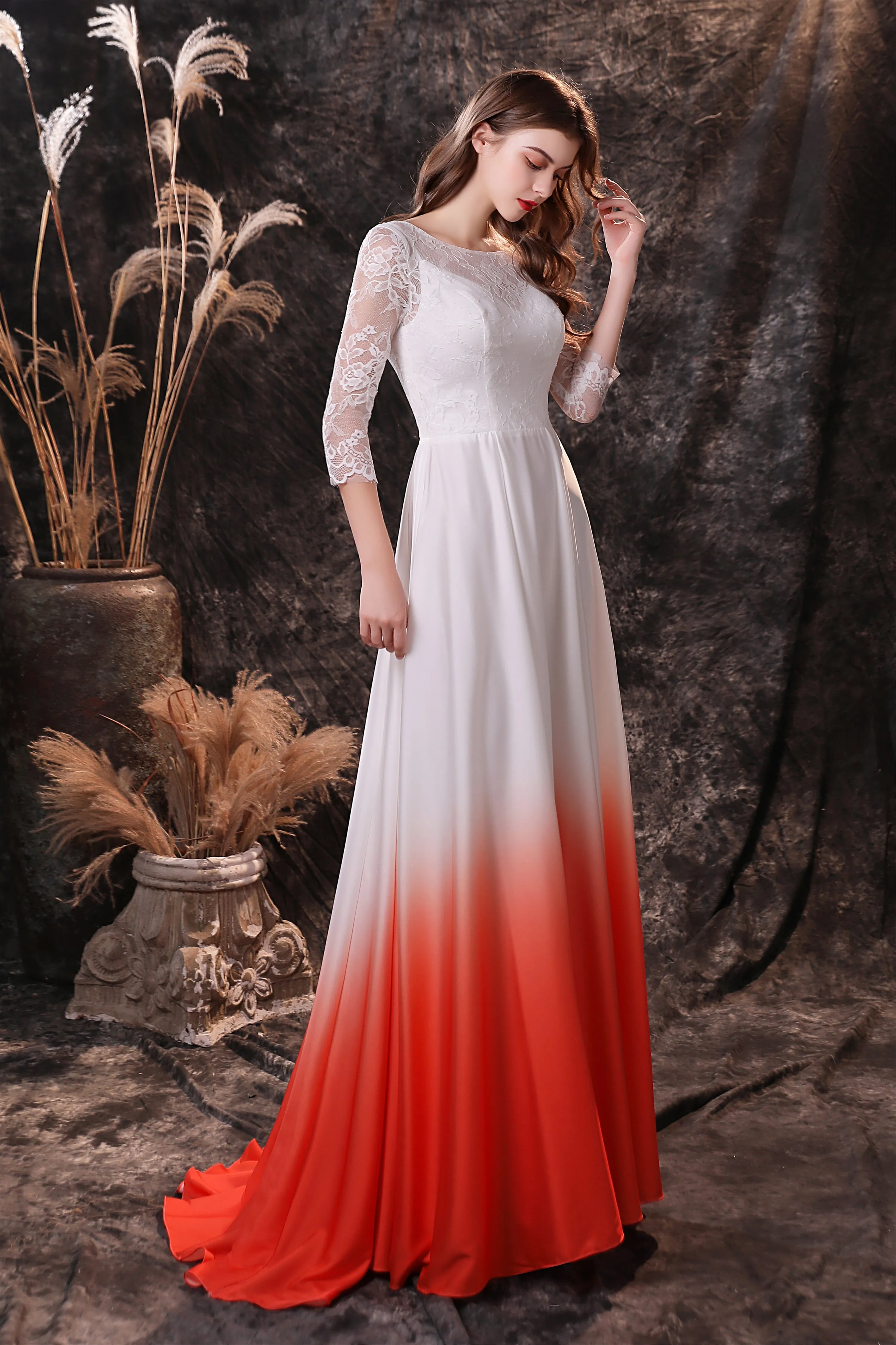 A Line 3/4 Sleeve Ombre Silk Like Satin Sweep Train Prom Dresses