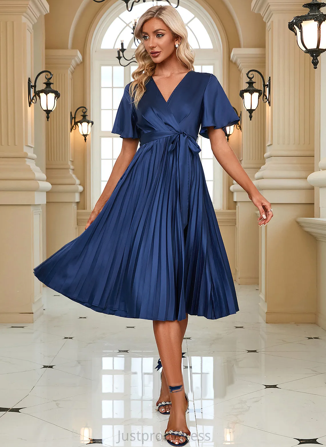 A-line Club Dresses Short Midi V-Neck Sleeves Naomi Dresses Elegant Satin