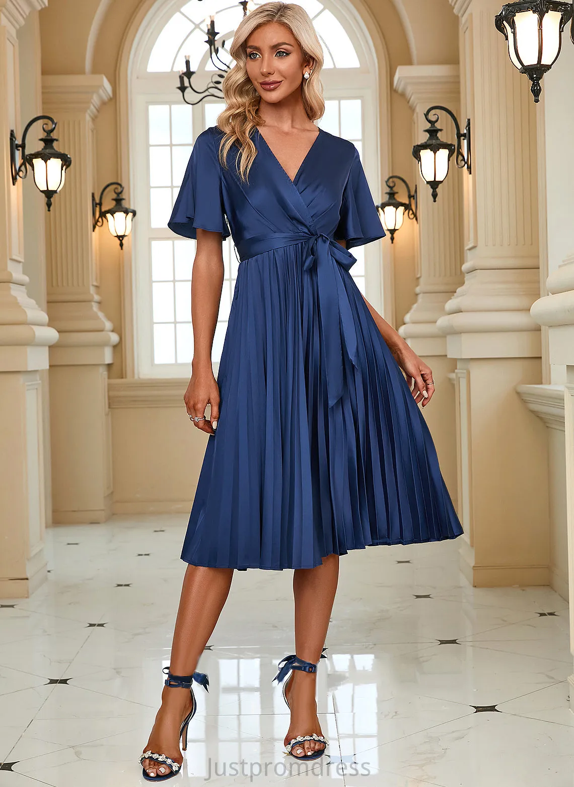 A-line Club Dresses Short Midi V-Neck Sleeves Naomi Dresses Elegant Satin