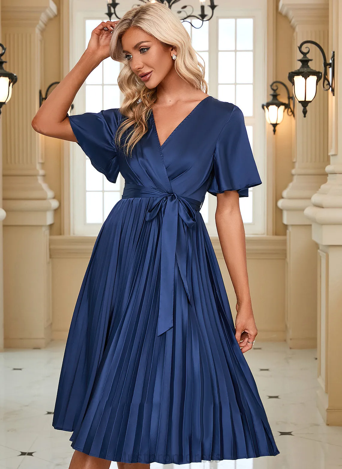 A-line Club Dresses Short Midi V-Neck Sleeves Naomi Dresses Elegant Satin