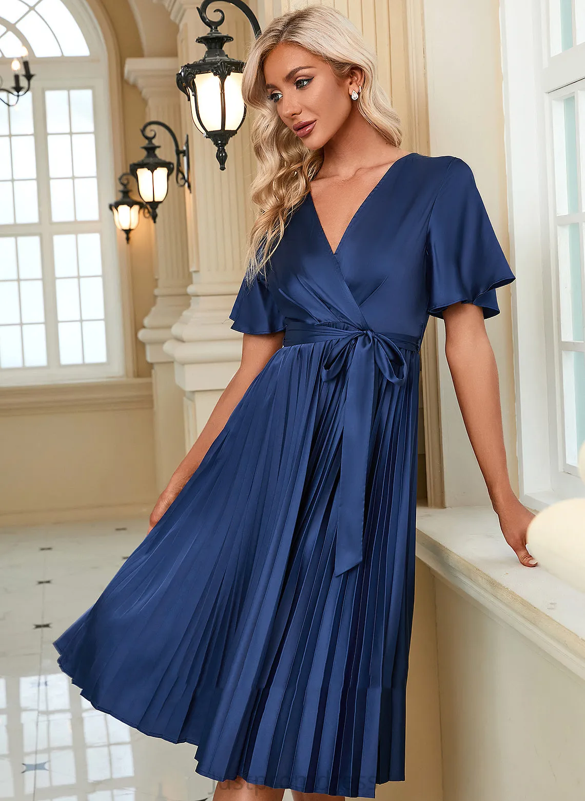 A-line Club Dresses Short Midi V-Neck Sleeves Naomi Dresses Elegant Satin