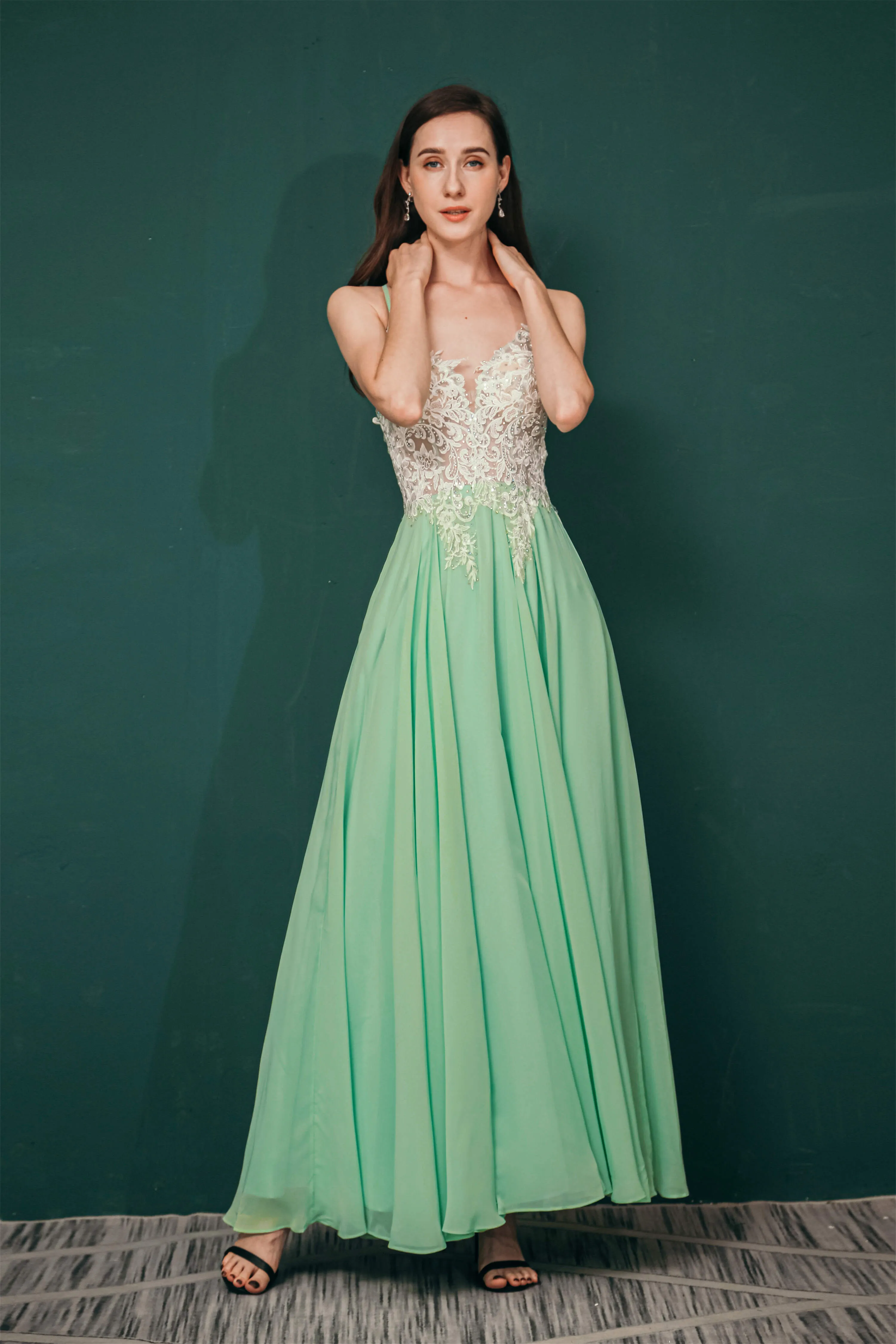 A-line Spaghetti Straps Side Split Long Prom Dresses