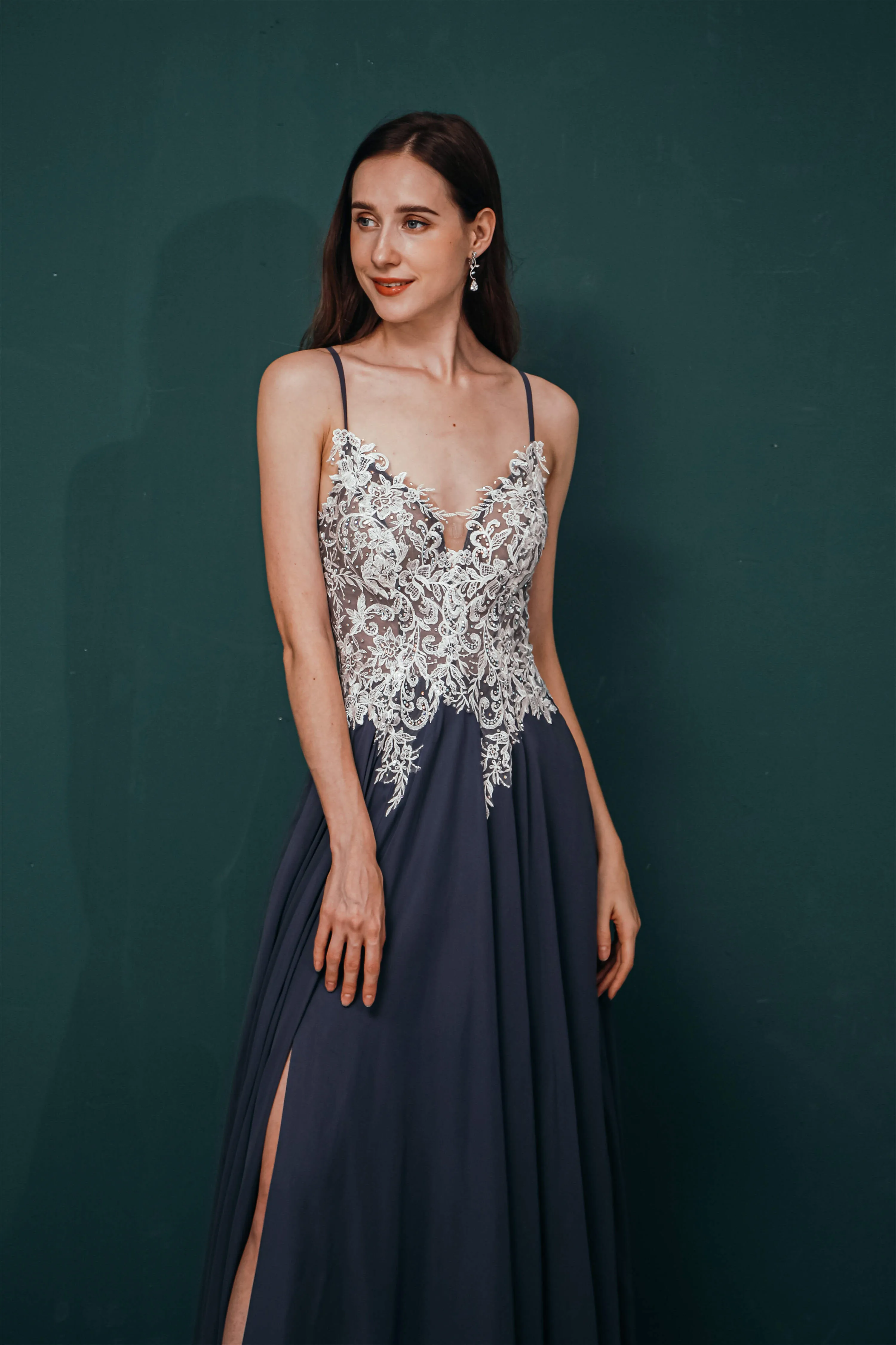 A-line Spaghetti Straps Side Split Long Prom Dresses