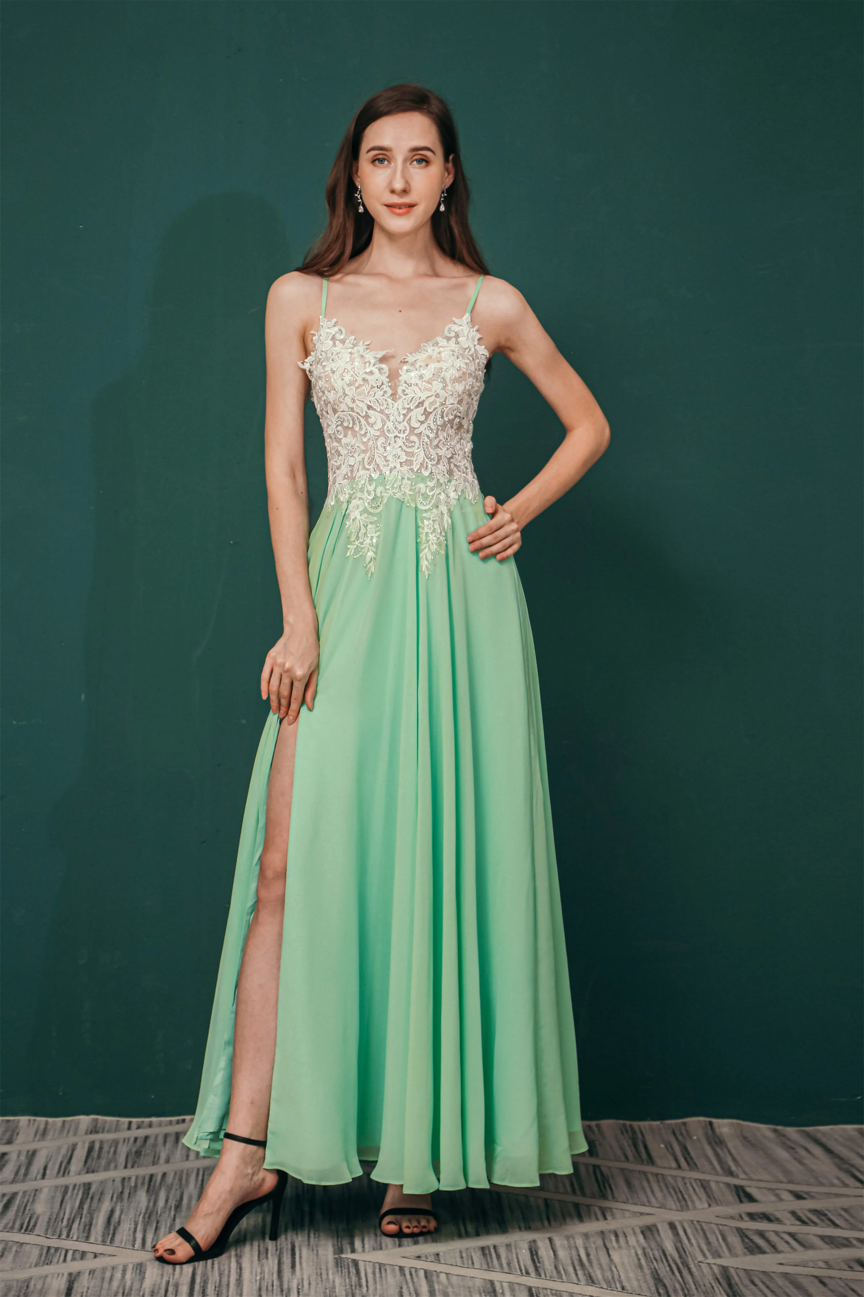 A-line Spaghetti Straps Side Split Long Prom Dresses