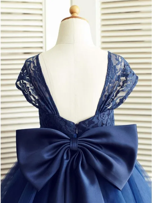 A-Line Square Neck Cap Sleeves Dark Blue Flower Girl Dress with Lace Bowknot OKP16