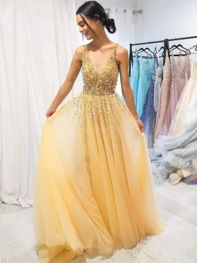 A-line V neck Yellow Sparkly Long Prom Dresses Gorgeous Formal Dresses NA4001