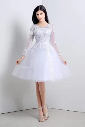 A-Line White Tulle Appliques Long Sleeve Homecoming Dresses