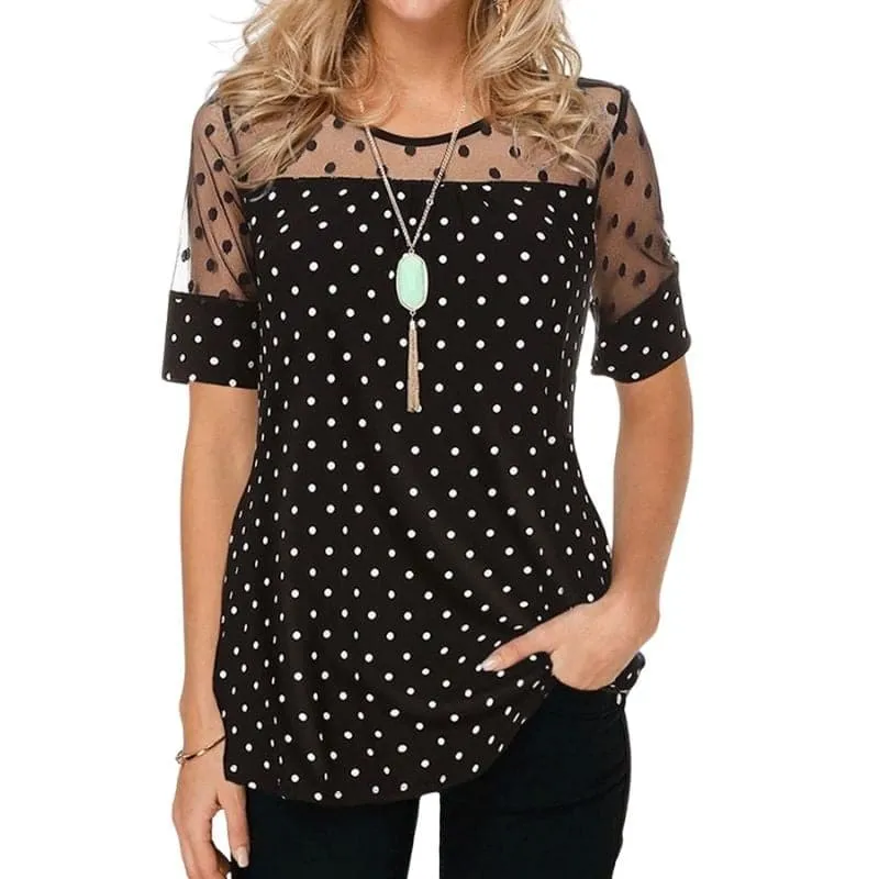 AGNES Design Women's Fine Fashion Premium Quality Polka Dots Mesh Design Blouse