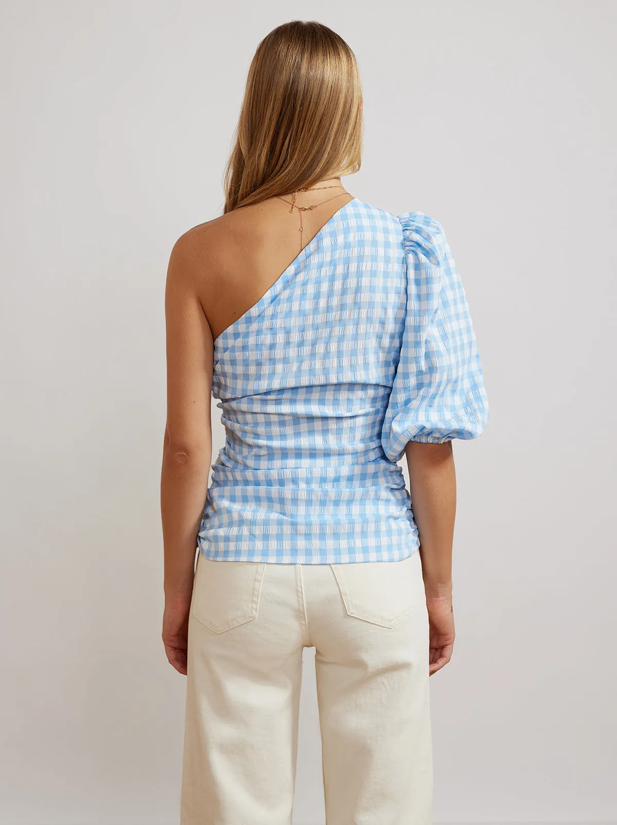 Athena One Shoulder Blue Gingham Top