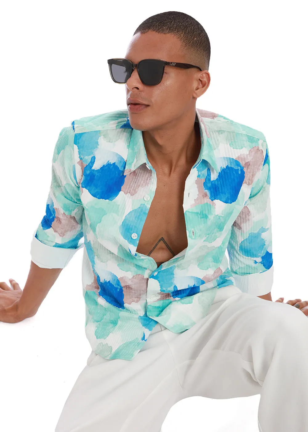 Azure Abstract Print Puff Shirt