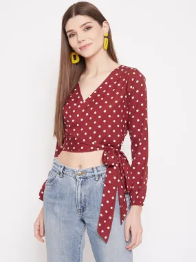 Berrylush Women Red Polka Dot Printed Wrap Tie Crop Top