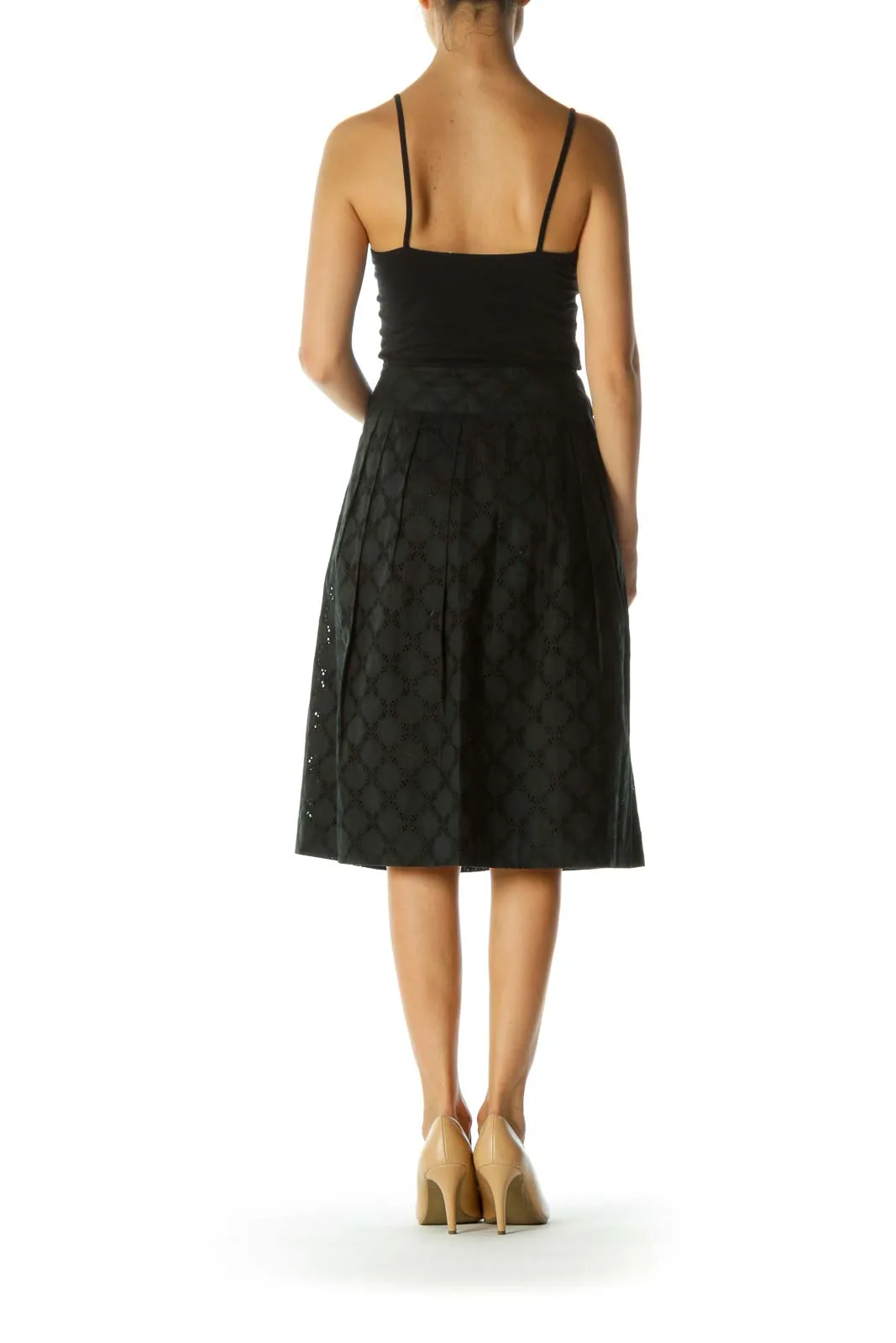 Black 100% Cotton Lace Pleated Flared Skirt