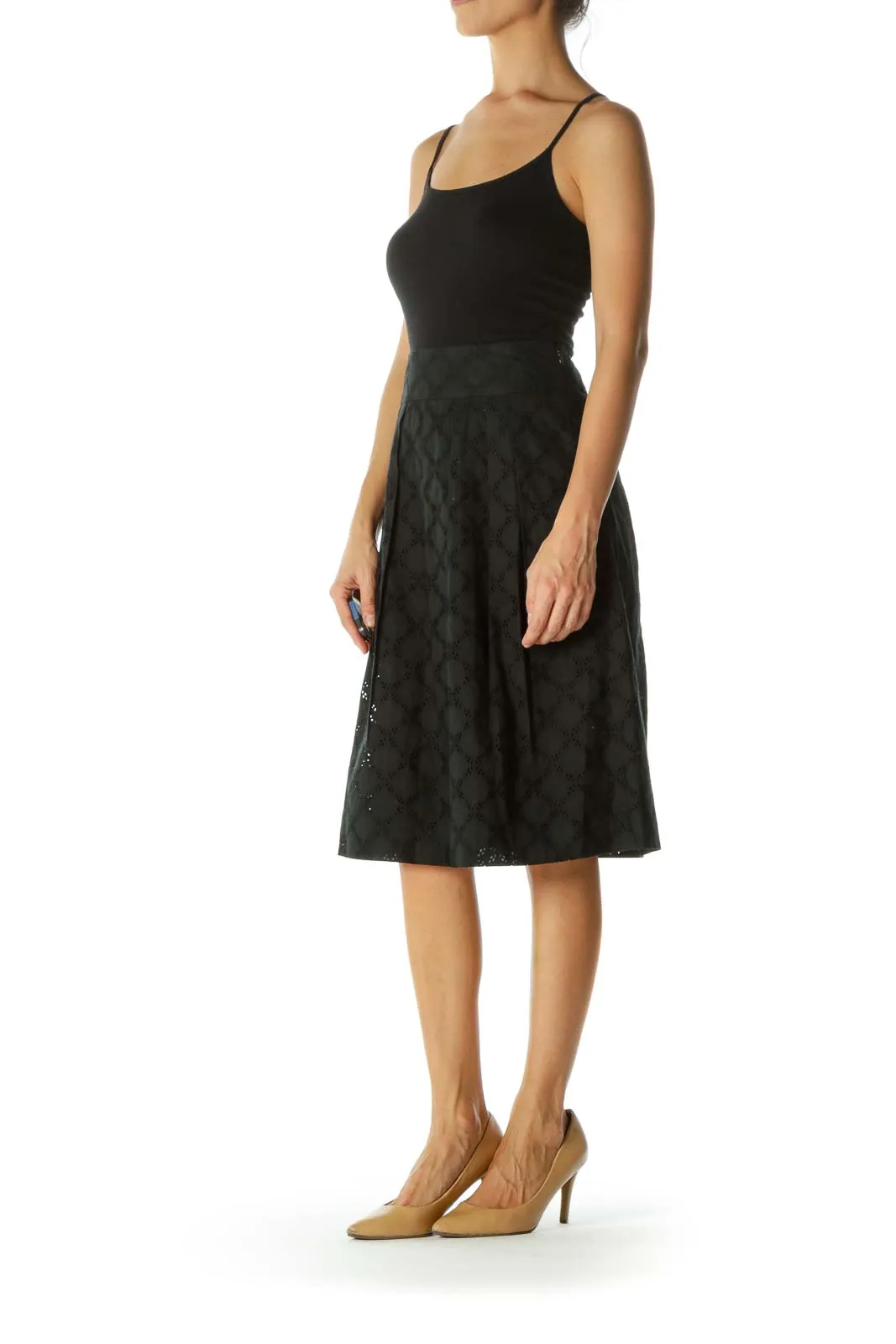 Black 100% Cotton Lace Pleated Flared Skirt