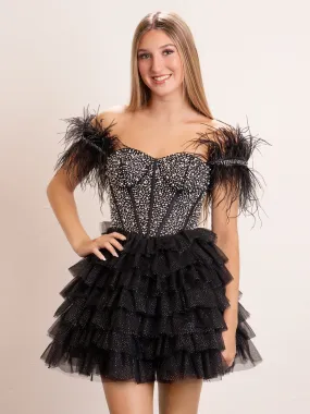 Black A Line Off the Shoulder Beaded Homecoming Dresses with Feathers