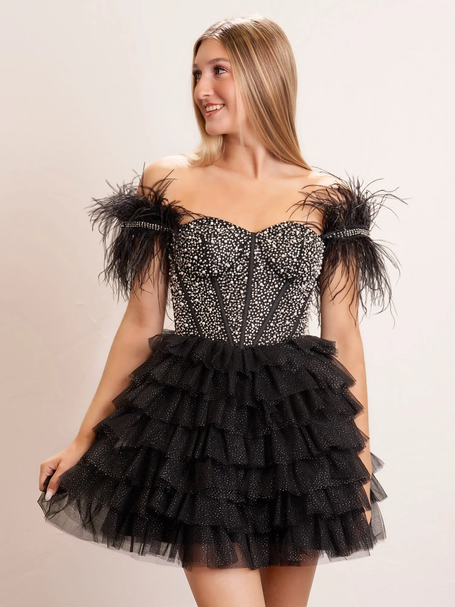 Black A Line Off the Shoulder Beaded Homecoming Dresses with Feathers