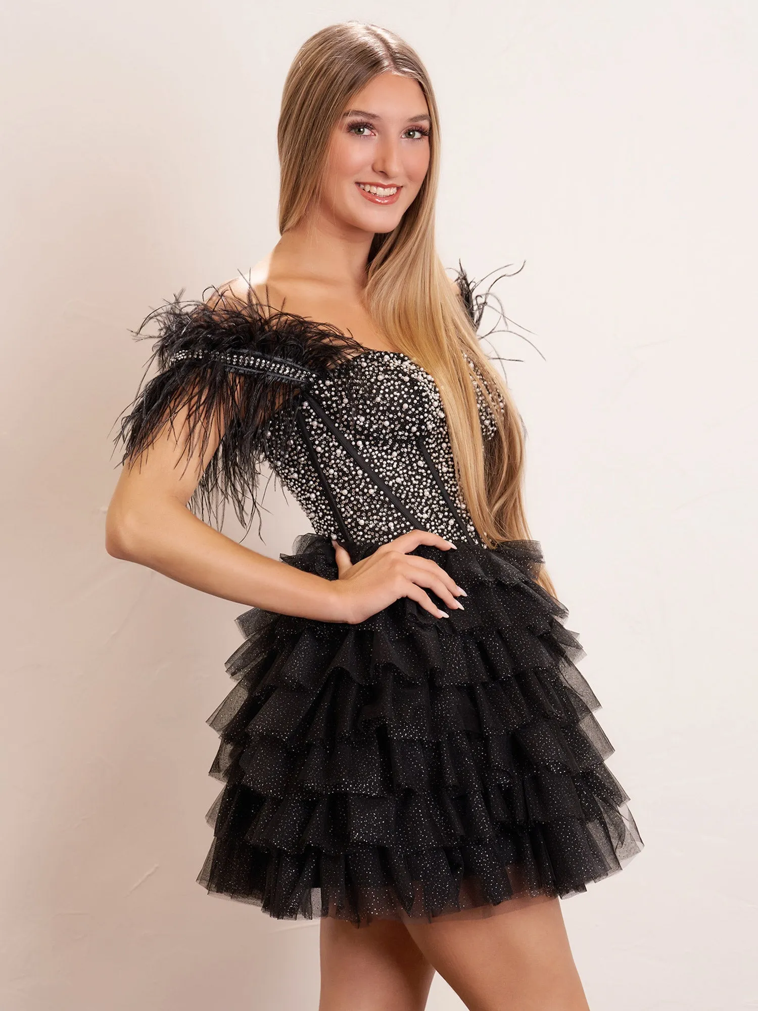 Black A Line Off the Shoulder Beaded Homecoming Dresses with Feathers