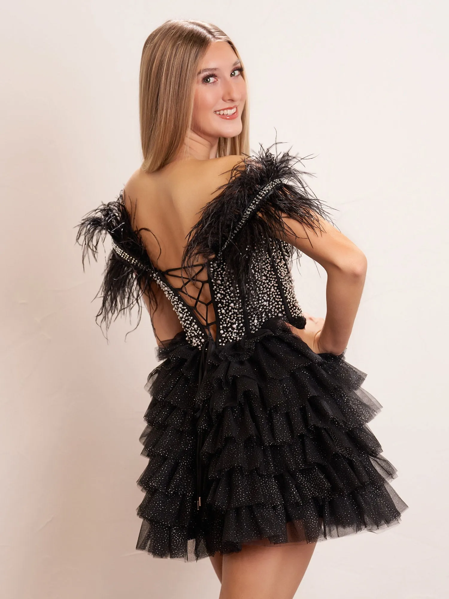 Black A Line Off the Shoulder Beaded Homecoming Dresses with Feathers