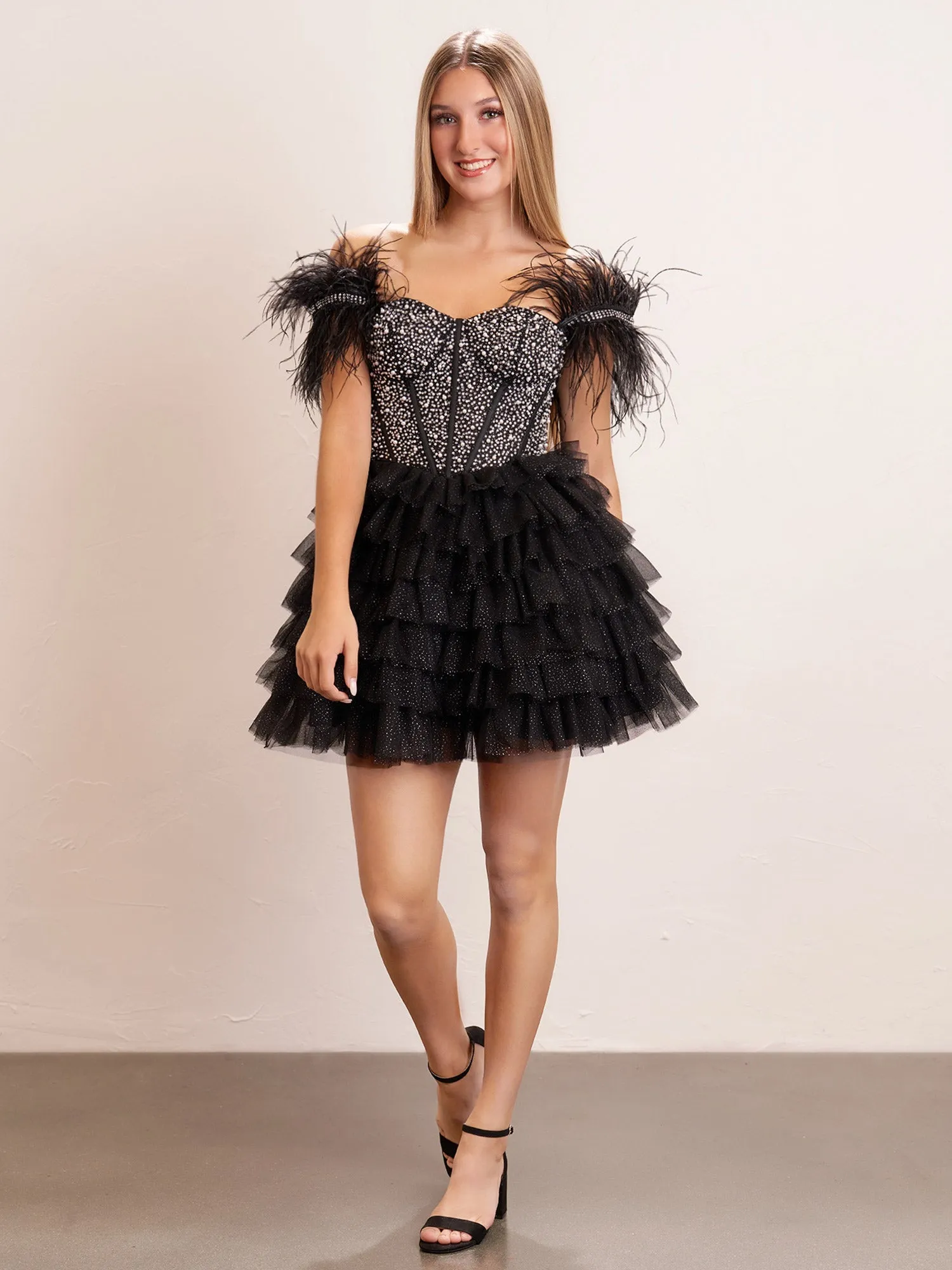 Black A Line Off the Shoulder Beaded Homecoming Dresses with Feathers