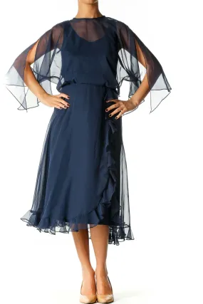 Blue Solid Retro A-Line Dress