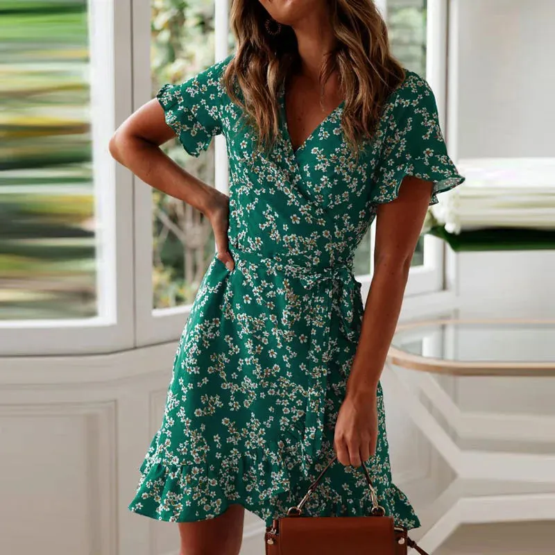 Boho Floral Print Ruffles 2024 Summer Chiffon Mini Vacation Sundress A-Line Dress