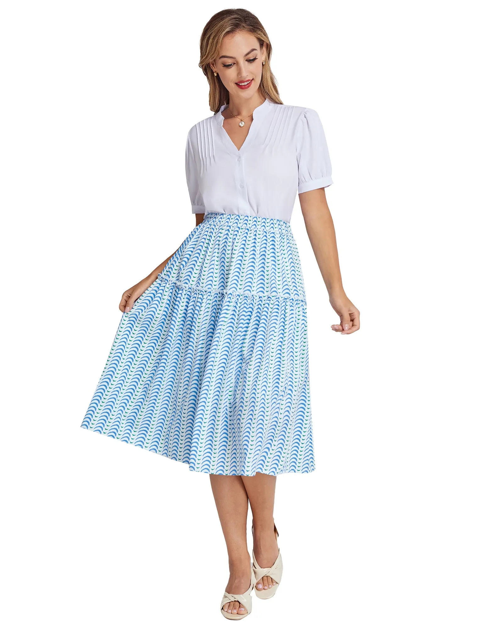 BP Women Vintage Tiered Swing Skirt Elastic Waist Mid-Calf A-Line Skirt