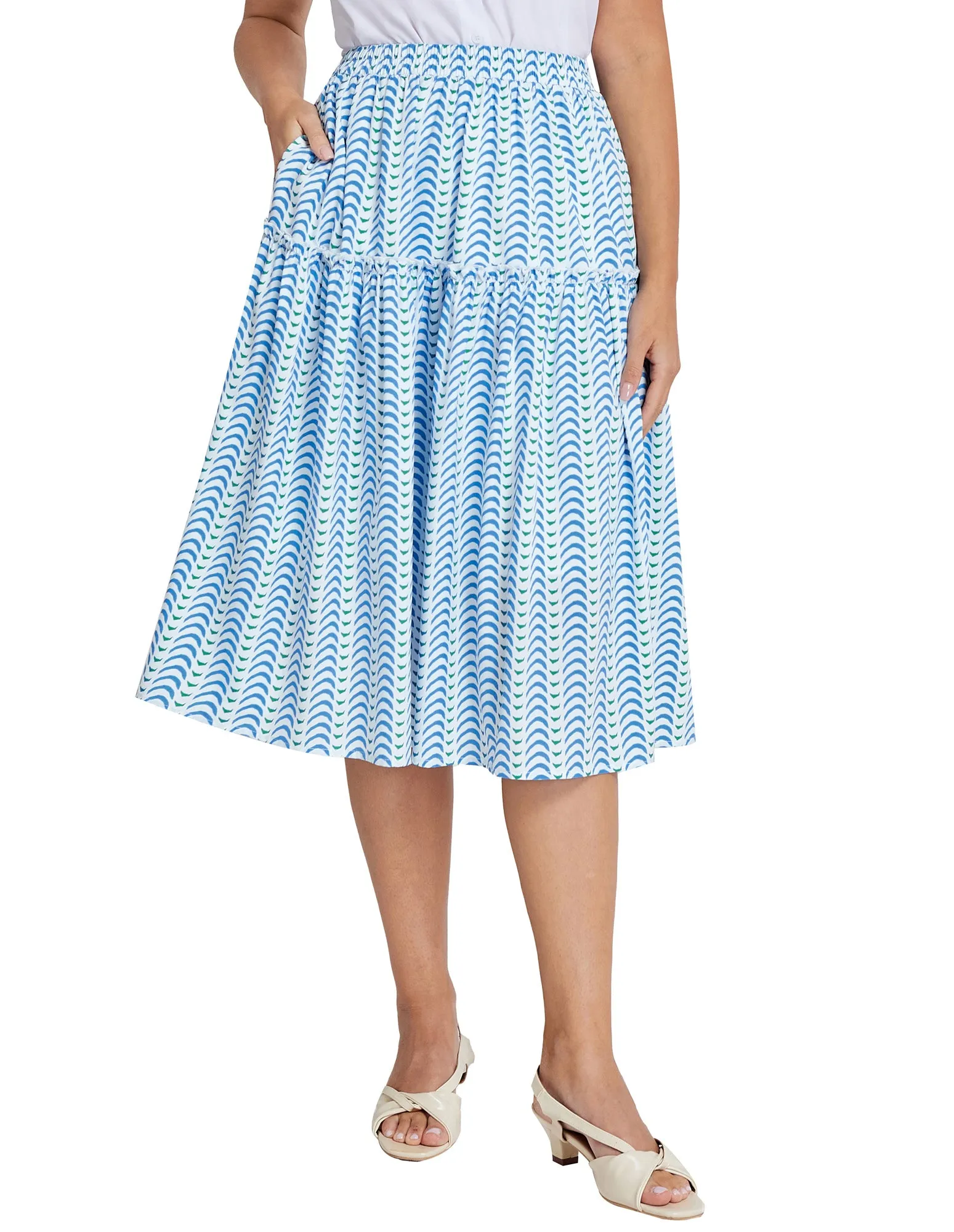 BP Women Vintage Tiered Swing Skirt Elastic Waist Mid-Calf A-Line Skirt