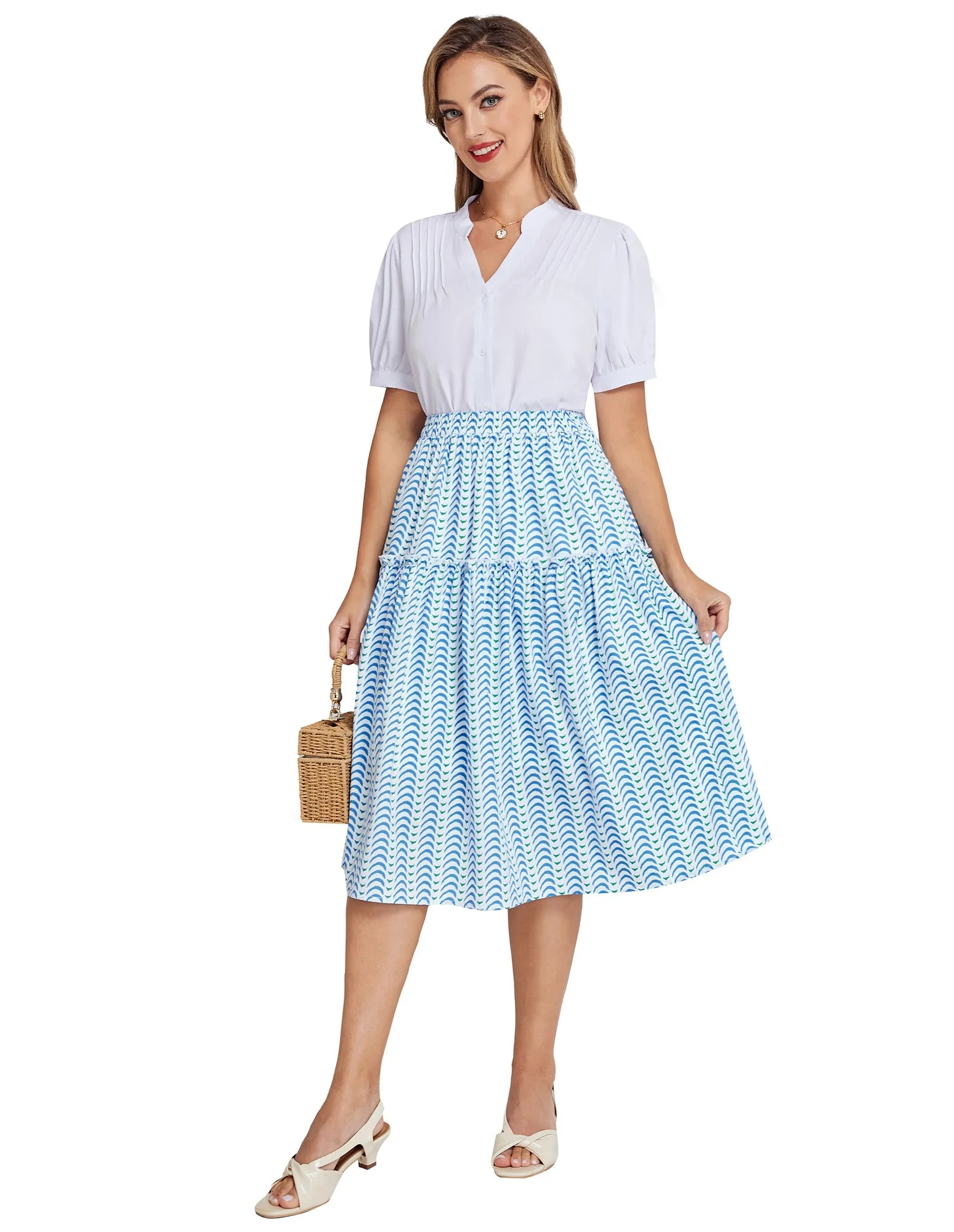 BP Women Vintage Tiered Swing Skirt Elastic Waist Mid-Calf A-Line Skirt