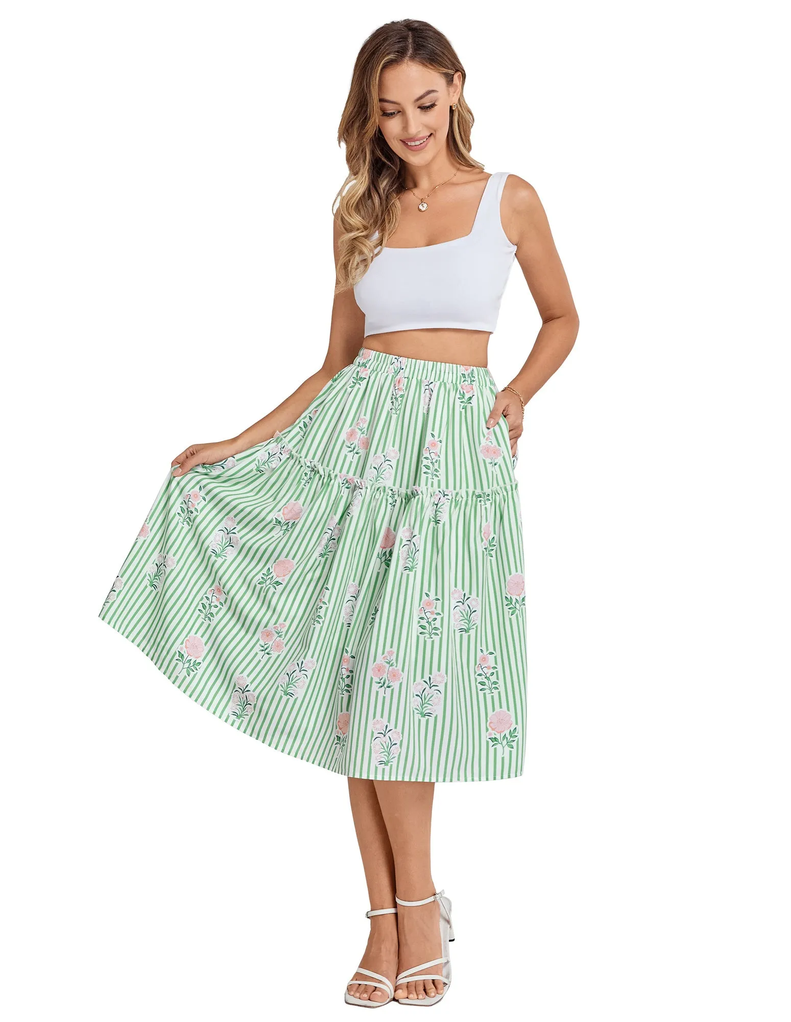 BP Women Vintage Tiered Swing Skirt Elastic Waist Mid-Calf A-Line Skirt