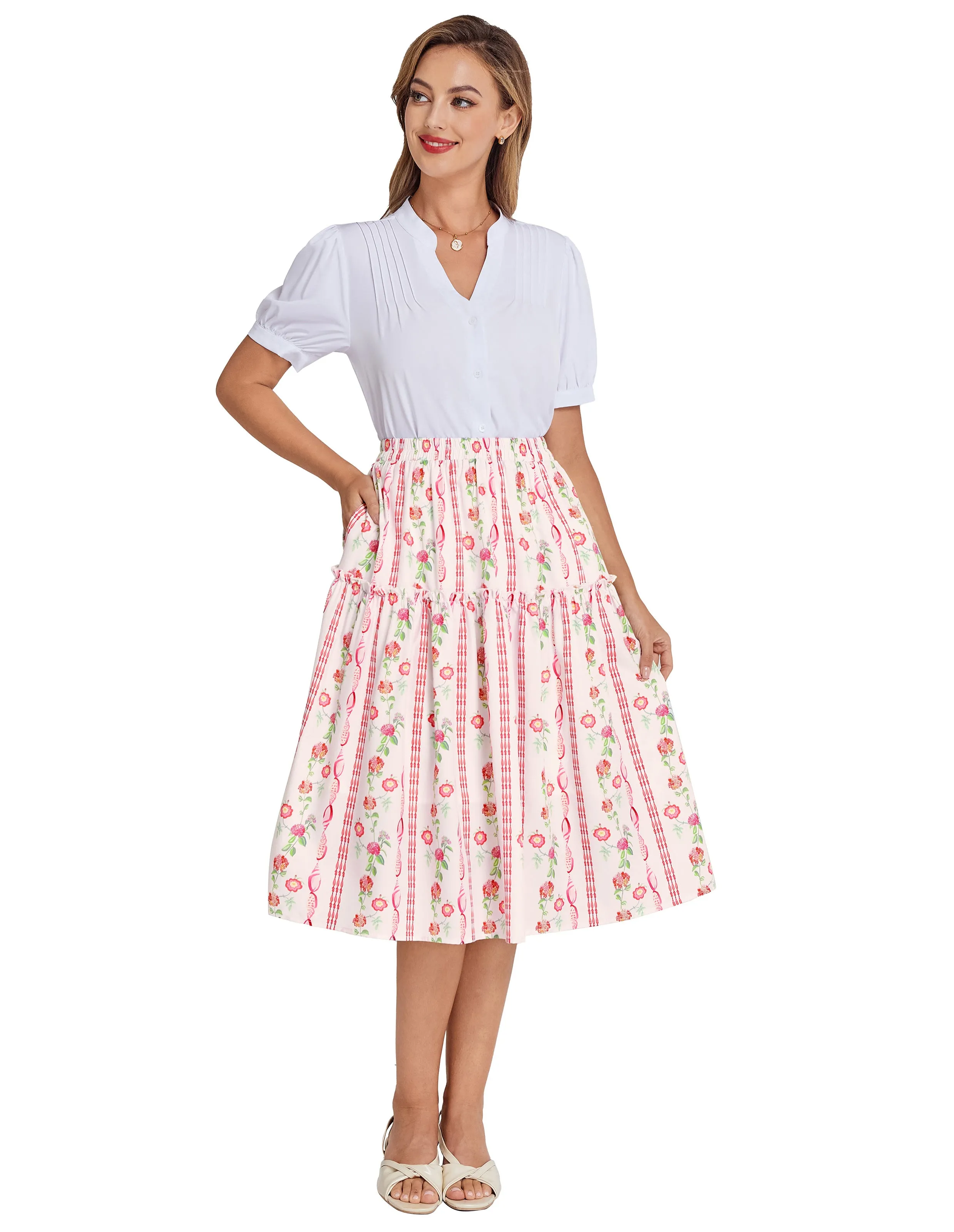 BP Women Vintage Tiered Swing Skirt Elastic Waist Mid-Calf A-Line Skirt