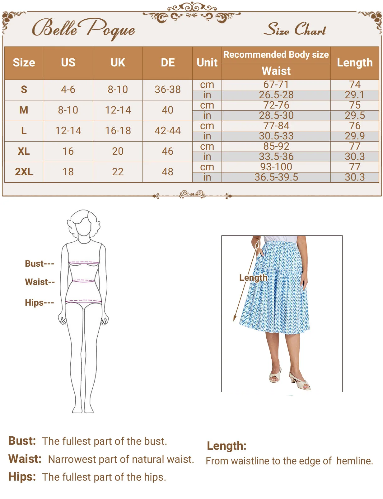 BP Women Vintage Tiered Swing Skirt Elastic Waist Mid-Calf A-Line Skirt