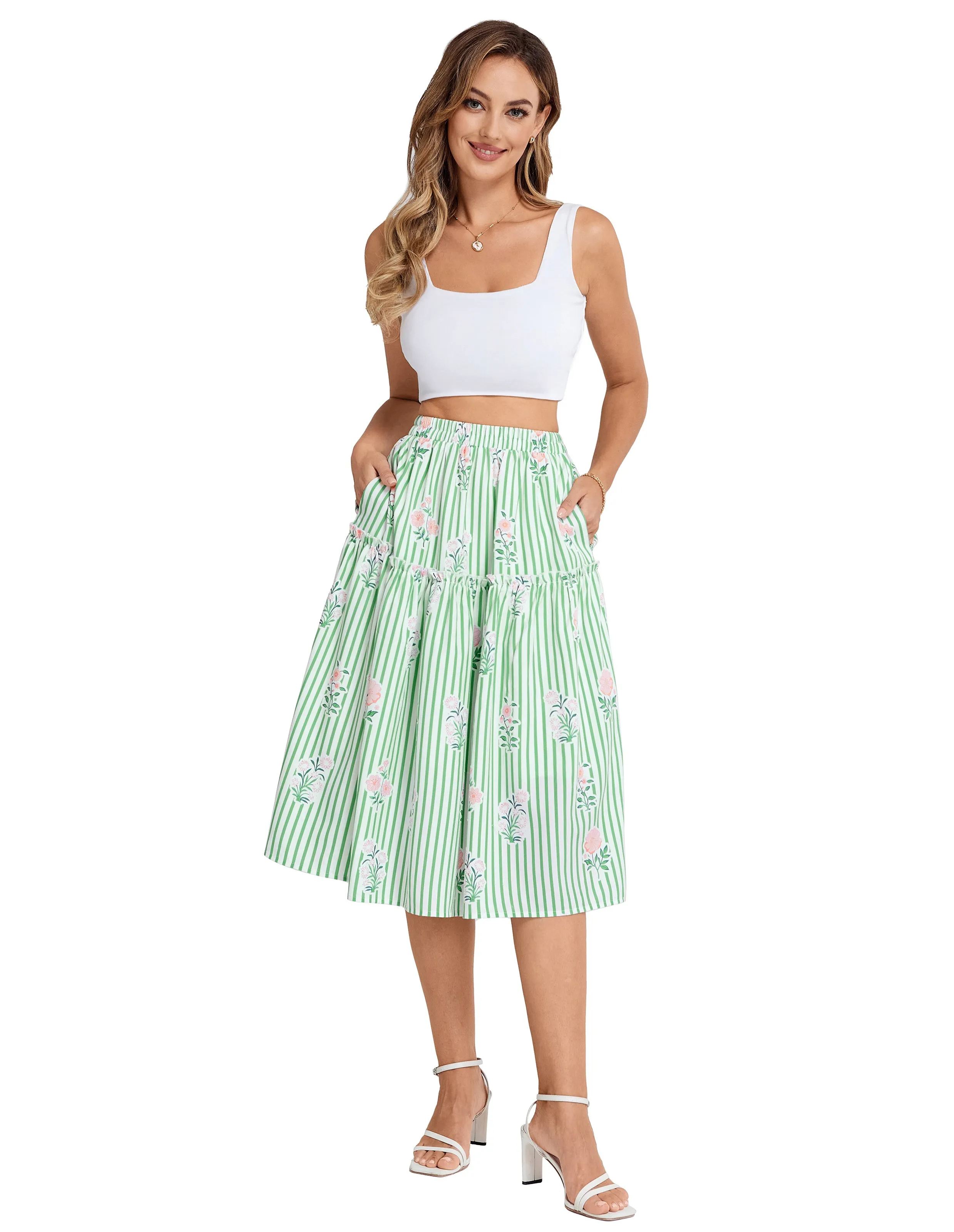 BP Women Vintage Tiered Swing Skirt Elastic Waist Mid-Calf A-Line Skirt