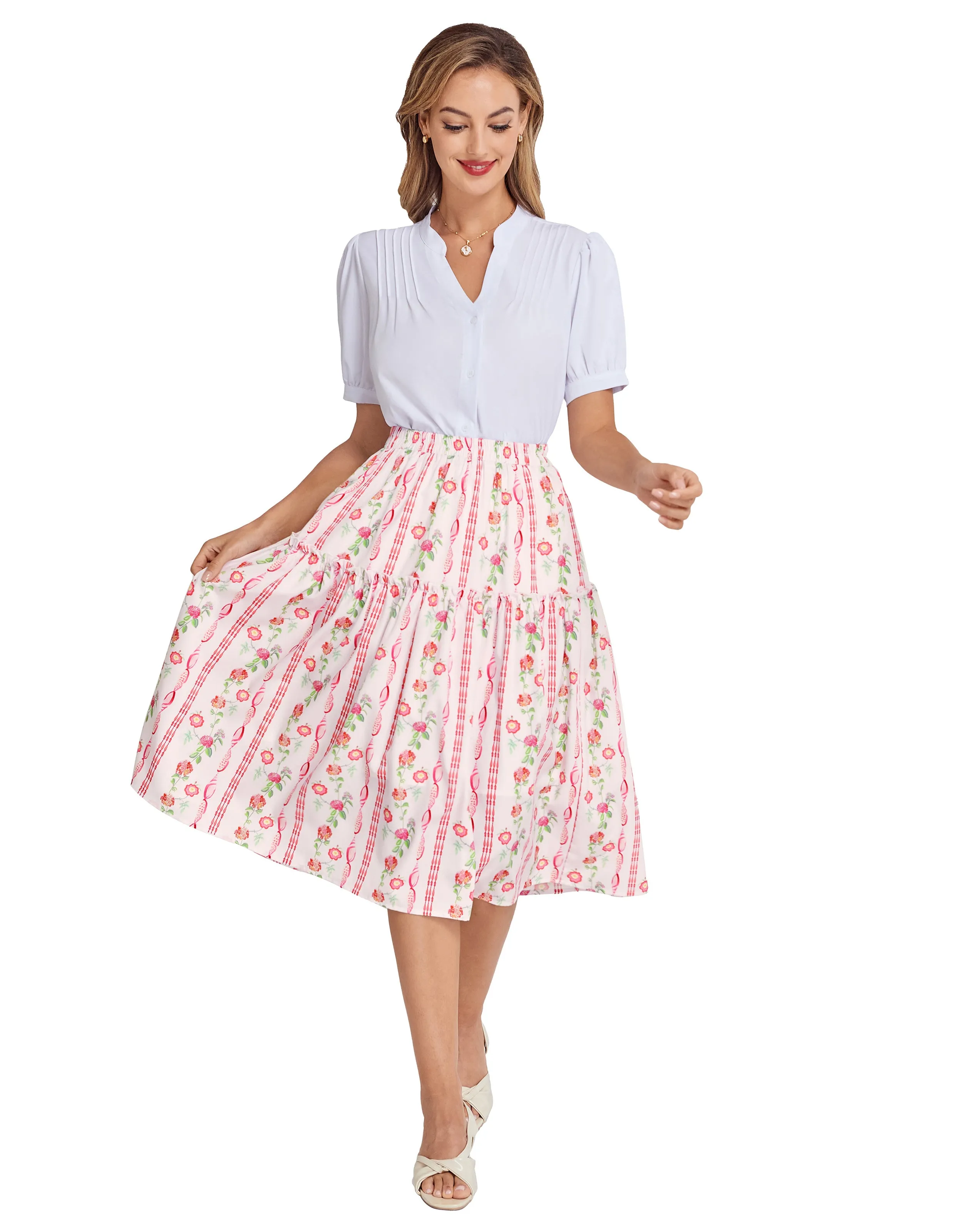 BP Women Vintage Tiered Swing Skirt Elastic Waist Mid-Calf A-Line Skirt