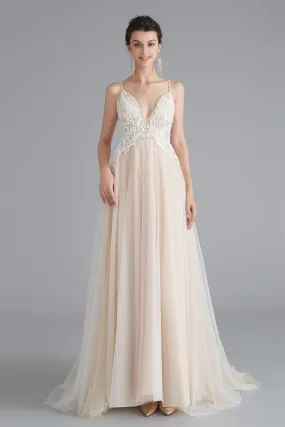 Champagne A-line Prom Dresses with Lace Top