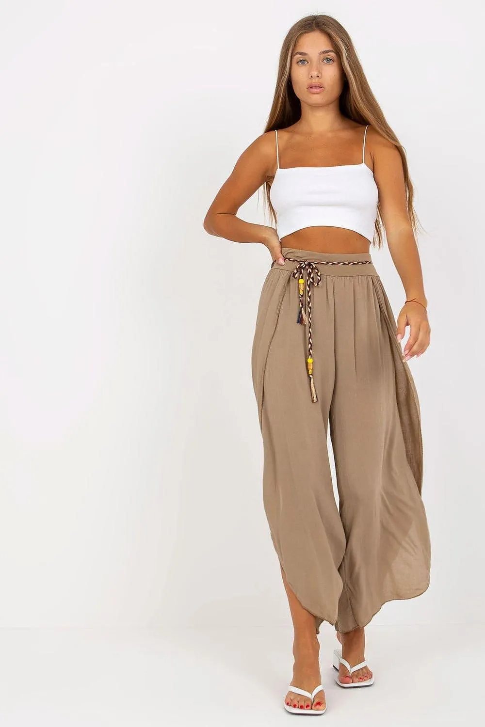 Chic High-Waisted Viscose Trousers with Trendy Waist Tie