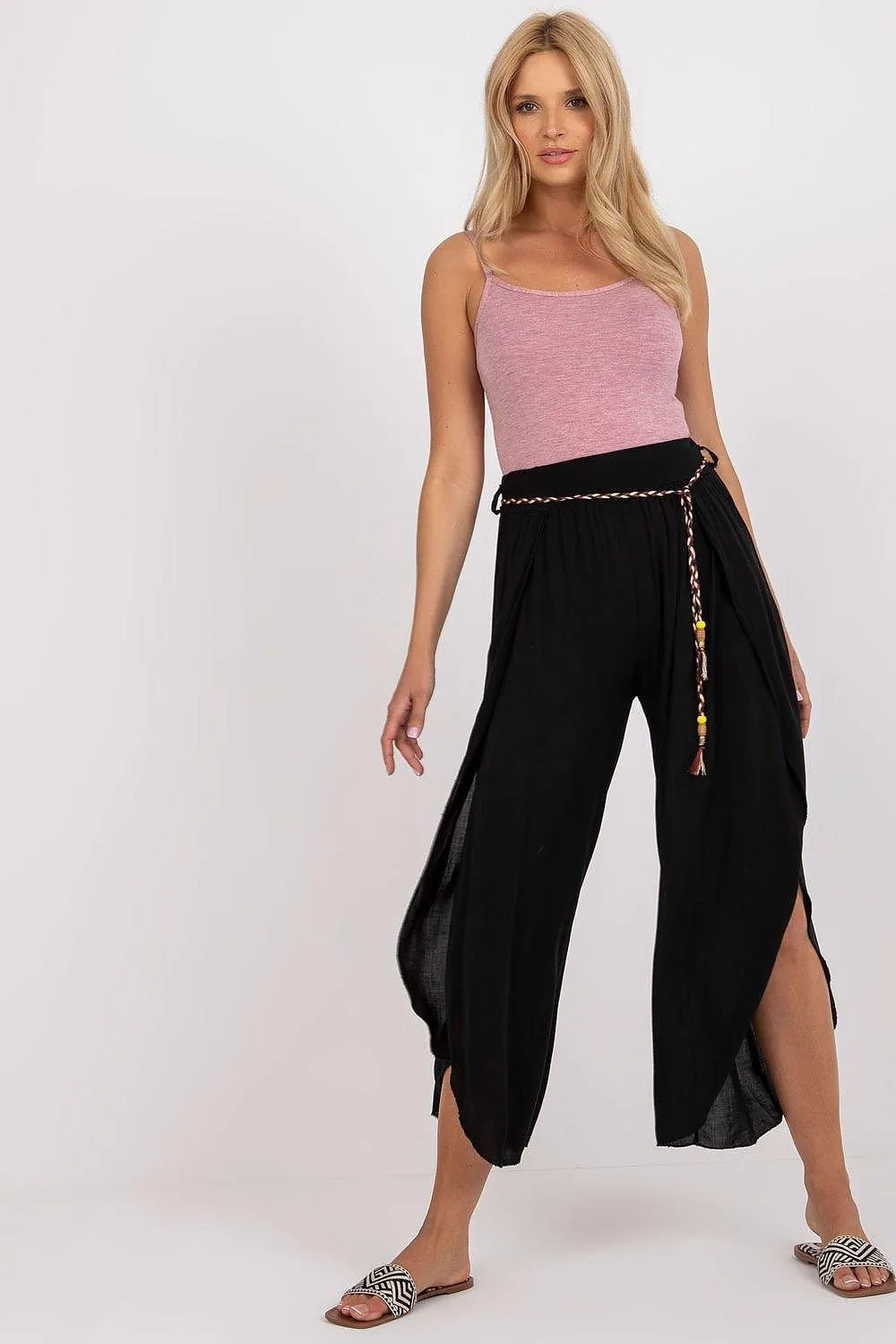 Chic High-Waisted Viscose Trousers with Trendy Waist Tie