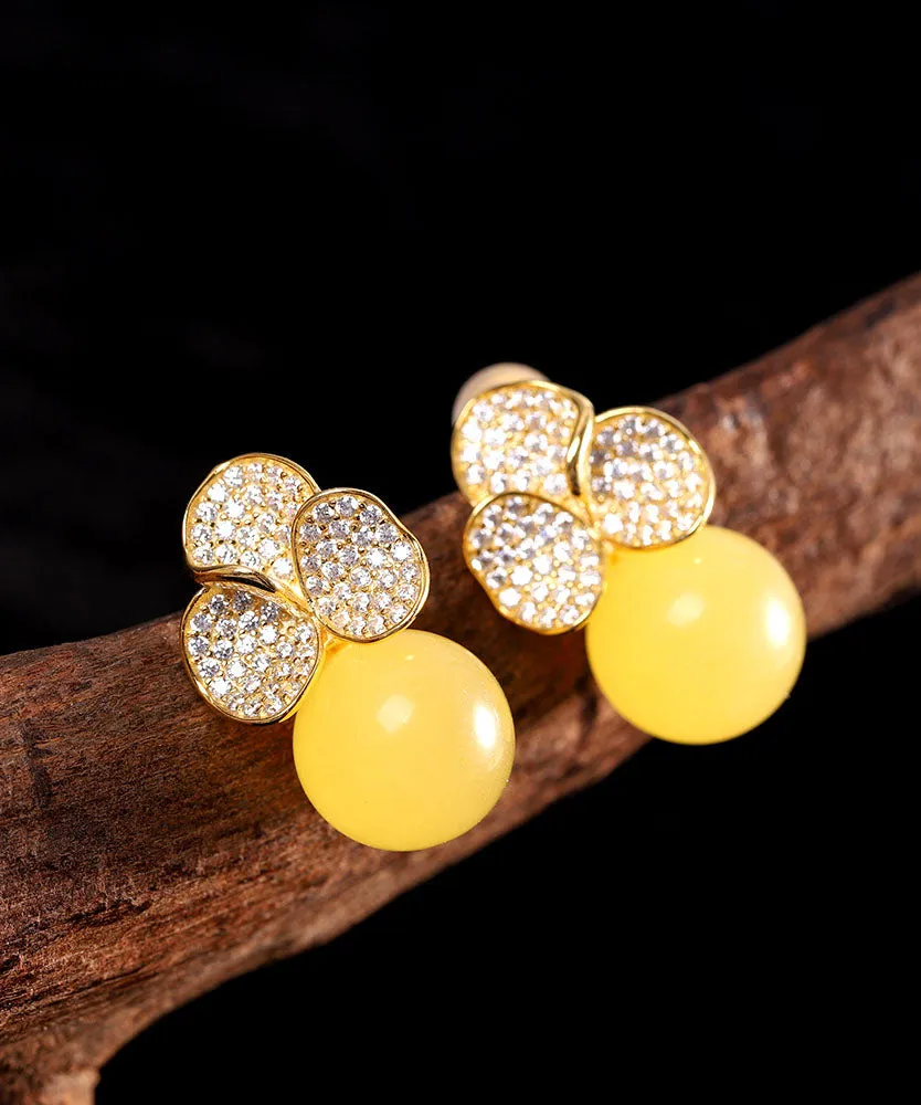 Chic Yellow Sterling Silver Overgild Beeswax Floral Stud Earrings LY9169