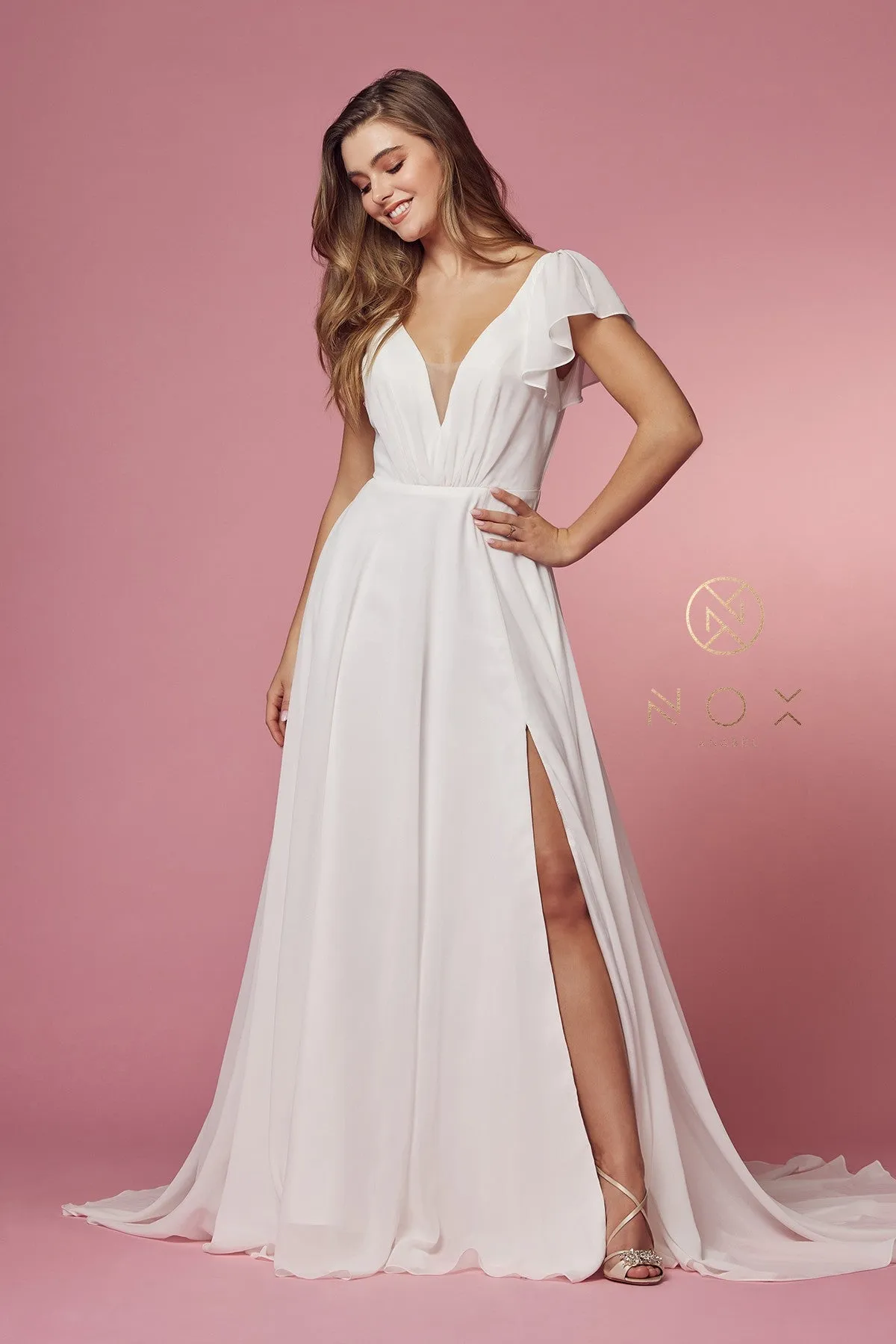 CROSS V NECK WITH CUTOUT SHORT SLEEVES A-LINE GOWN_R471