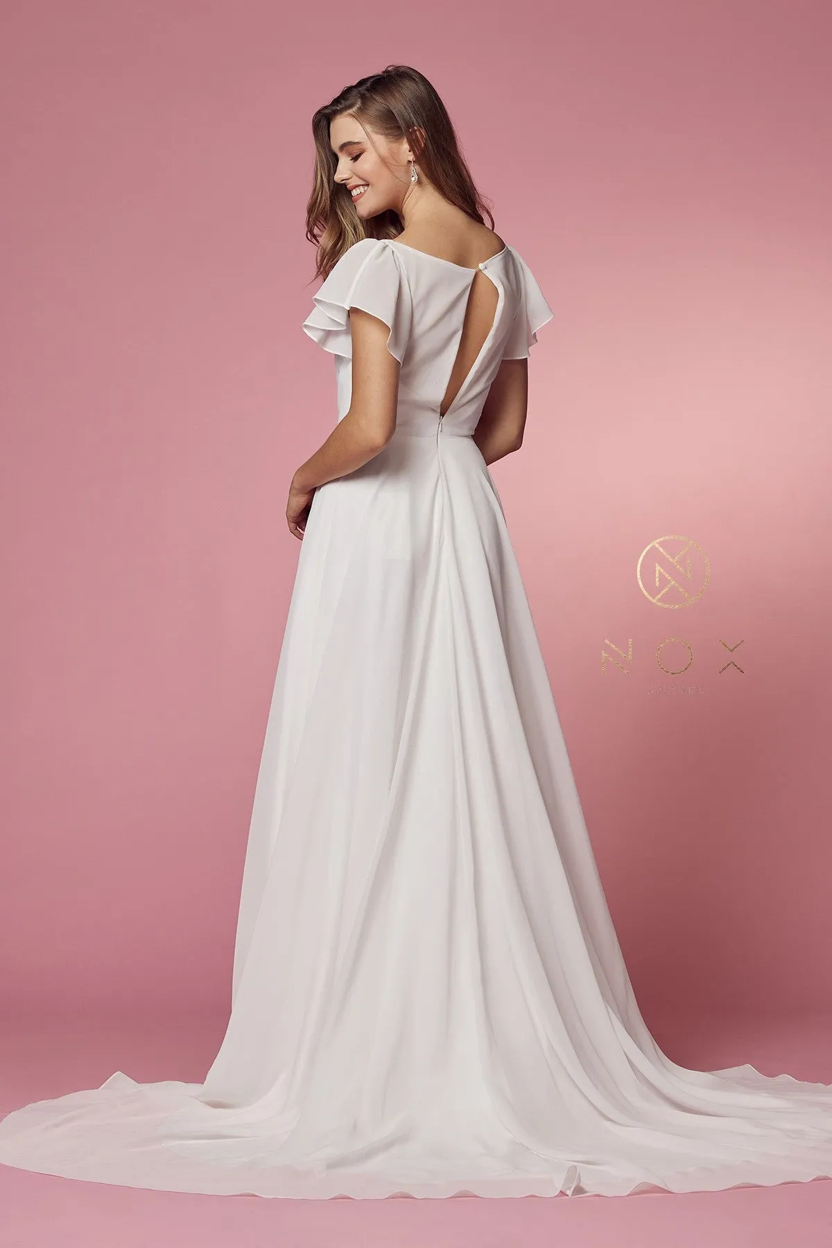 CROSS V NECK WITH CUTOUT SHORT SLEEVES A-LINE GOWN_R471