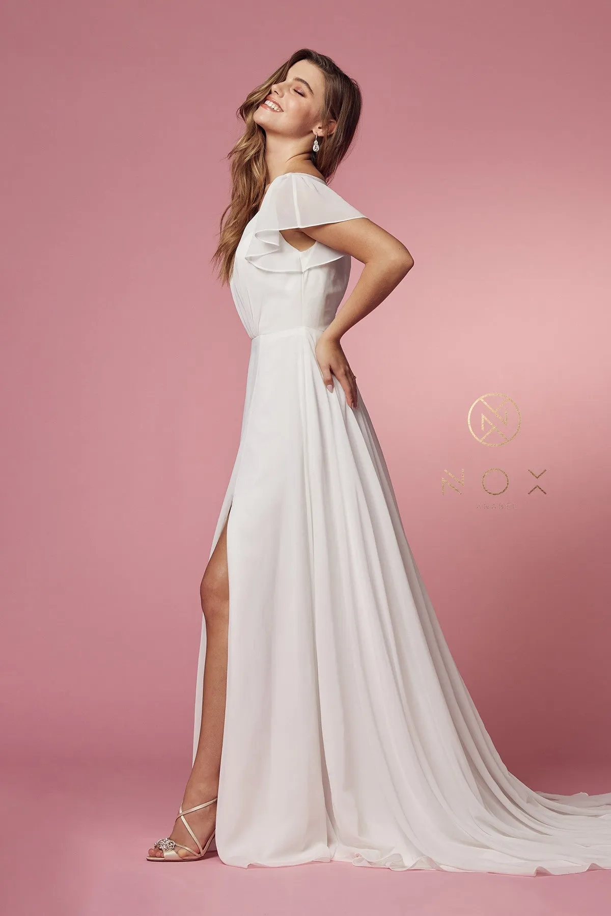 CROSS V NECK WITH CUTOUT SHORT SLEEVES A-LINE GOWN_R471