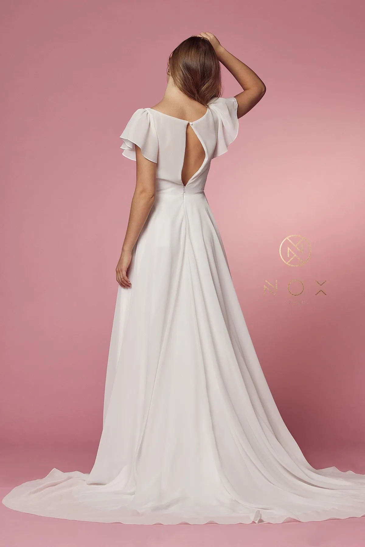 CROSS V NECK WITH CUTOUT SHORT SLEEVES A-LINE GOWN_R471