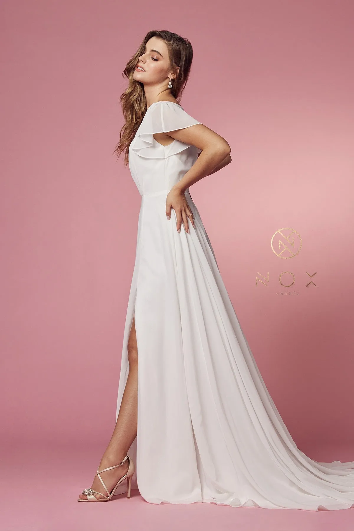 CROSS V NECK WITH CUTOUT SHORT SLEEVES A-LINE GOWN_R471