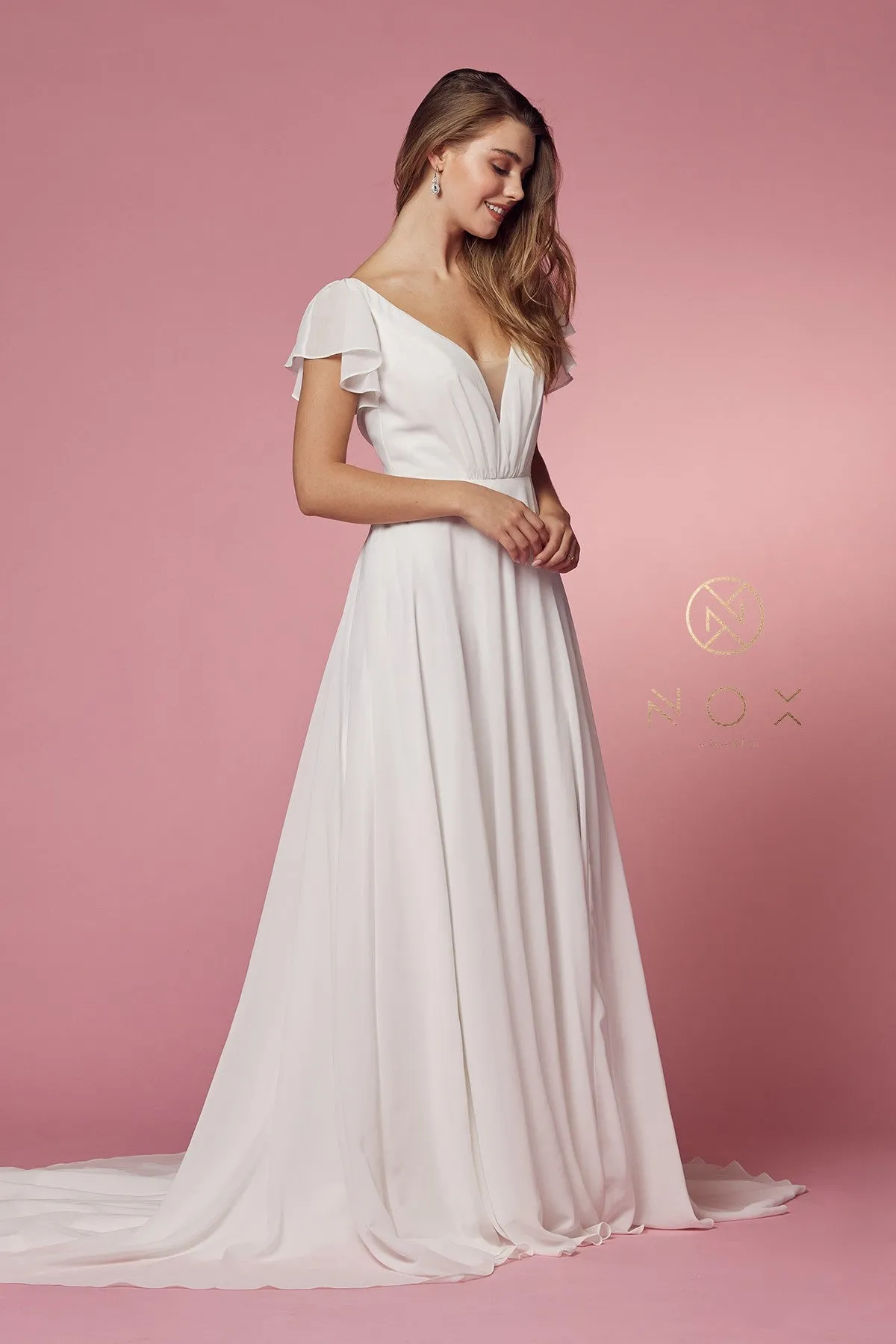 CROSS V NECK WITH CUTOUT SHORT SLEEVES A-LINE GOWN_R471