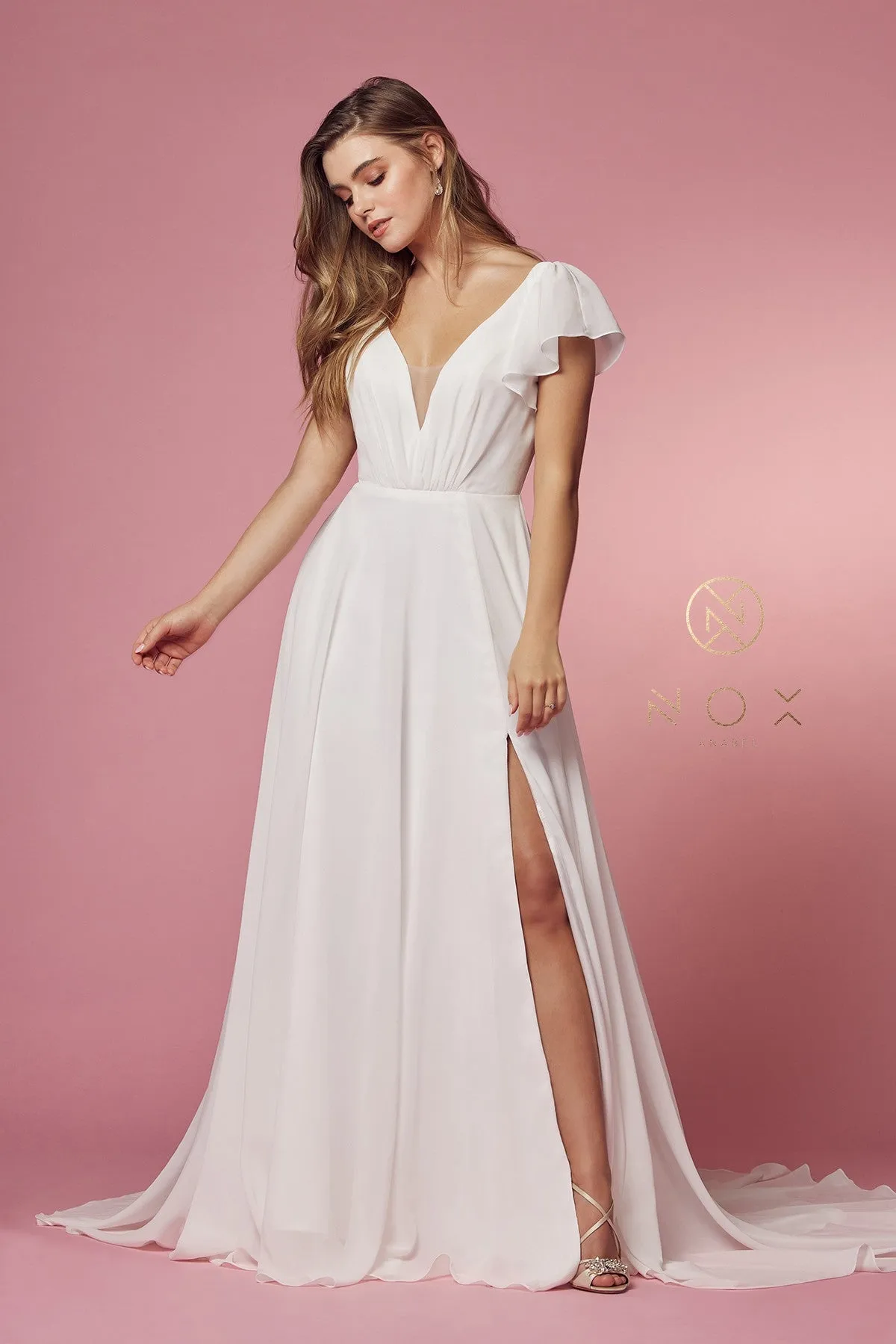 CROSS V NECK WITH CUTOUT SHORT SLEEVES A-LINE GOWN_R471