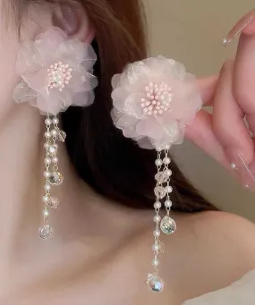 Cute Pink Crystal Pearl Tulle Floral Tassel Drop Earrings II007